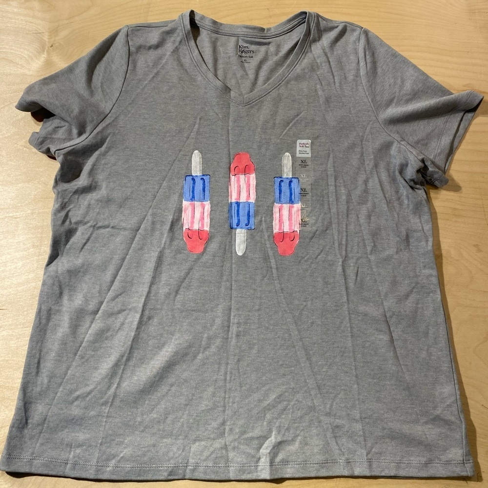 Kim Rogers Perfectly Soft Gray T-Shirt with Popsicle Design XL (LW)